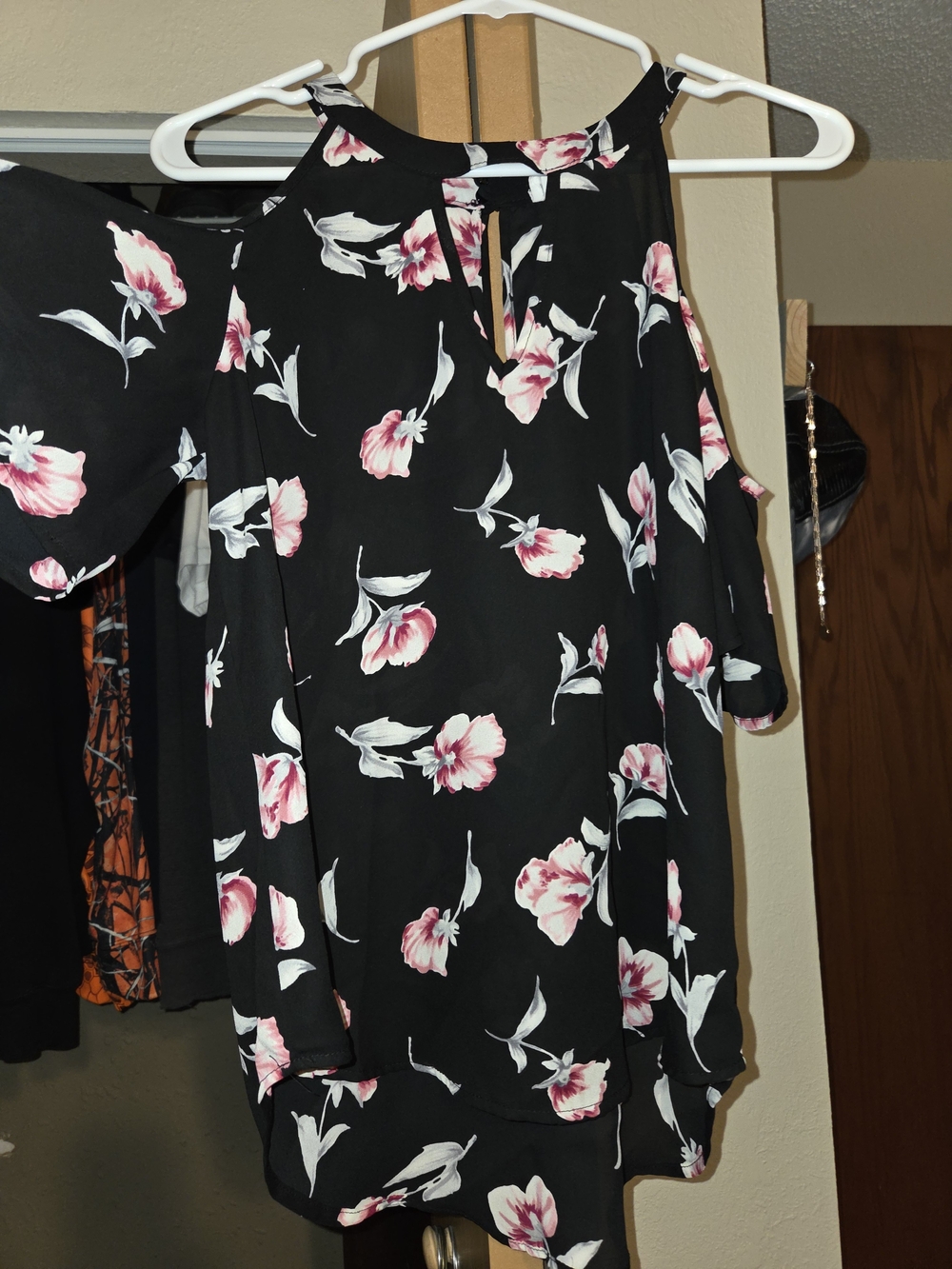 Black Cold-Shoulder Floral Blouse with Pink & White Blooms